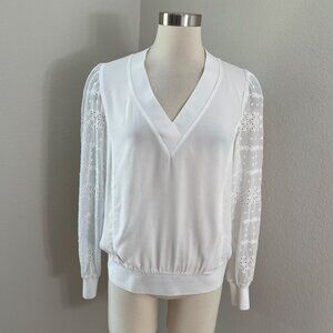 Express Womens Medium V Neck White Blouse Long Eyelet Sleeve Shirt Top